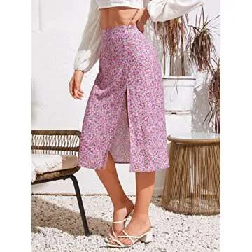 Floerns Women's Boho Floral High Waist Split A Line Midi Skirt Purple Ditsy Floral S