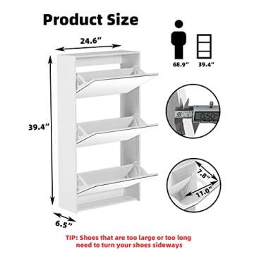 HOPUBUY Shoe Cabinet for Entryway, White Narrow Shoe Storage Cabinet Flip Down Shoe Rack Wood 3 Tier Shoe Organizer for Home and Apartment, Mirror