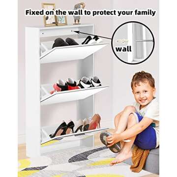 HOPUBUY Shoe Cabinet for Entryway, White Narrow Shoe Storage Cabinet Flip Down Shoe Rack Wood 3 Tier Shoe Organizer for Home and Apartment, Mirror