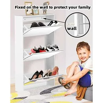 HOPUBUY Shoe Cabinet for Entryway, White Narrow Shoe Storage Cabinet Flip Down Shoe Rack Wood 3 Tier Shoe Organizer for Home and Apartment, Mirror