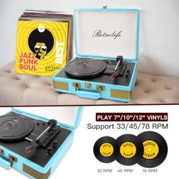 Record Player 3 Speed Bluetooth Portable Suitcase Vinyl Player with Built-in Speakers Turntable Enhanced Audio Sound PU Leather Vintage
