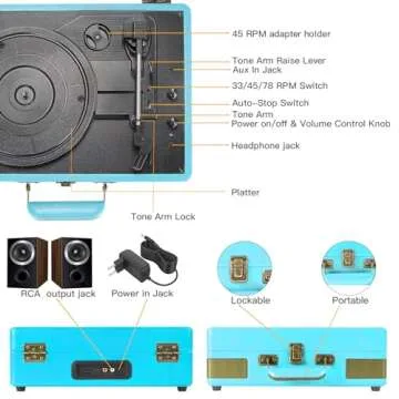 Record Player 3 Speed Bluetooth Portable Suitcase Vinyl Player with Built-in Speakers Turntable Enhanced Audio Sound PU Leather Vintage