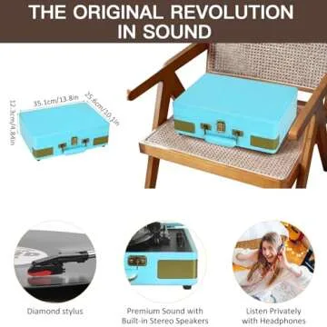 Record Player 3 Speed Bluetooth Portable Suitcase Vinyl Player with Built-in Speakers Turntable Enhanced Audio Sound PU Leather Vintage