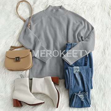 MEROKEETY Women's Long Sleeve Turtleneck Cozy Knit Sweater Casual Loose Pullover Jumper Tops, Grey, Medium