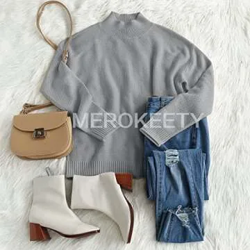 MEROKEETY Women's Long Sleeve Turtleneck Cozy Knit Sweater Casual Loose Pullover Jumper Tops, Grey, Medium