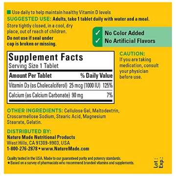 Nature Made Vitamin D3 1000 IU (25 mcg), Dietary Supplement for Bone, Teeth, Muscle and Immune Health Support, 100 Tablets, 100 Day Supply(Pack of 3)
