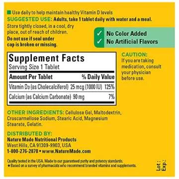 Nature Made Vitamin D3 1000 IU (25 mcg), Dietary Supplement for Bone, Teeth, Muscle and Immune Health Support, 100 Tablets, 100 Day Supply(Pack of 3)