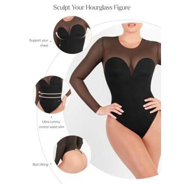 Popilush Black Mesh Long Sleeve Tops for Women Sheer Shapewear Bodysuit for Women Tummy Control Body Suits Built in Bra Going out Tops Fall Winter Outfits