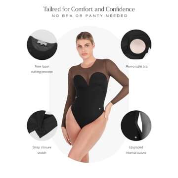 Popilush Black Mesh Long Sleeve Tops for Women Sheer Shapewear Bodysuit for Women Tummy Control Body Suits Built in Bra Going out Tops Fall Winter Outfits