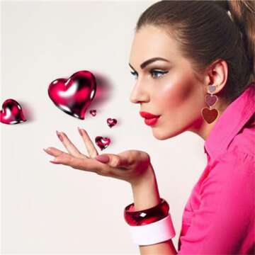 WCRAZYE Heart Earrings for Women Girls Handmade Romantic Three Glitter Pink Red Love Heart Dangle Dr...