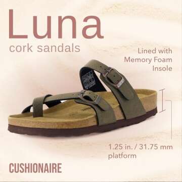 CUSHIONAIRE Luna Cork Footbed Women's Sandals - Comfortable Slip-On Slides with Adjustable Straps & ...