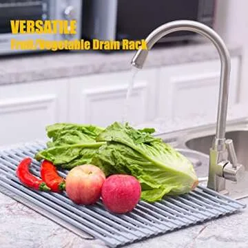 Silicone-Coated Stainless Steel Over The Sink Multipurpose Roll-Up Dish Drying Rack, 17.2"X12.2", He...