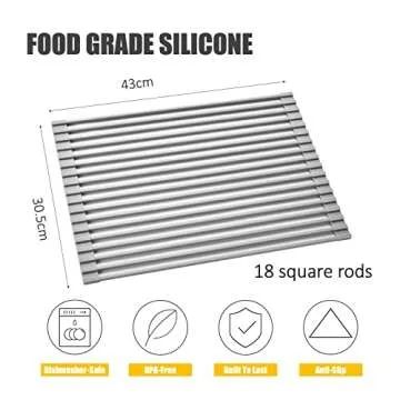 Silicone-Coated Stainless Steel Over The Sink Multipurpose Roll-Up Dish Drying Rack, 17.2"X12.2", Heat Resistant Non Slip Dish Draining Rack BPA Free Dishwasher Safe (S, Gray)