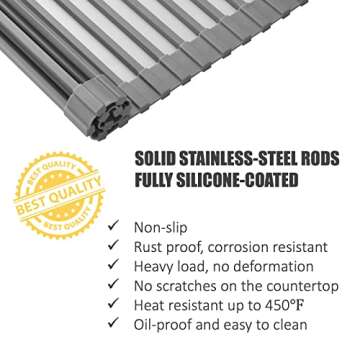 Silicone-Coated Stainless Steel Over The Sink Multipurpose Roll-Up Dish Drying Rack, 17.2"X12.2", Heat Resistant Non Slip Dish Draining Rack BPA Free Dishwasher Safe (S, Gray)