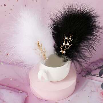MWOOT Fascinator Feather Hair Clips, 4 Pieces for 1920s Costumes - Black White Barrette for Women, Girls, Ballet, Dance, Classic Skating, Dress Up