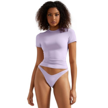 SUUKSESS Women Double Lined Fitted Basic Tee Shirts Crew Neck Short Sleeve Y2K Going Out Crop Tops (...