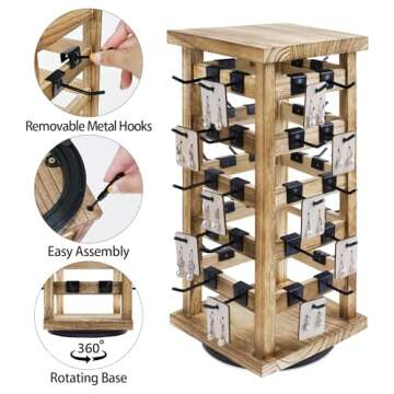 Ikee Design Exquisite Rotating Jewelry Tower- Natural Wood Finish- Showcase and Organize Your Collection with 42 Hooks- Easy Earring Display Stand- 5 Bars on Each Face for Maximum Storage -Oak Color