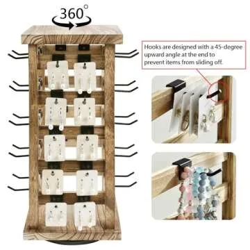Ikee Design Exquisite Rotating Jewelry Tower- Natural Wood Finish- Showcase and Organize Your Collection with 42 Hooks- Easy Earring Display Stand- 5 Bars on Each Face for Maximum Storage -Oak Color
