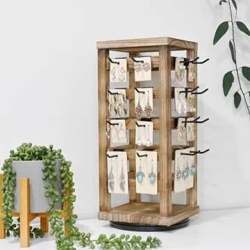Ikee Design Exquisite Rotating Jewelry Tower- Natural Wood Finish- Showcase and Organize Your Collection with 42 Hooks- Easy Earring Display Stand- 5 Bars on Each Face for Maximum Storage -Oak Color