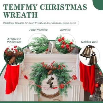 Temfmy Christmas Wreath with Boho Bells - 20 Inch Farmhouse Christmas Artificial Pine Wreaths for Front Door - Winter Rattan Door Wreath with Pine Cone for Christmas Decor