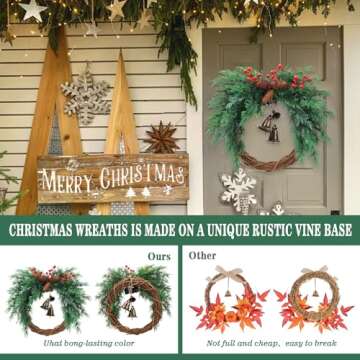 Temfmy Christmas Wreath with Boho Bells - 20 Inch Farmhouse Christmas Artificial Pine Wreaths for Front Door - Winter Rattan Door Wreath with Pine Cone for Christmas Decor