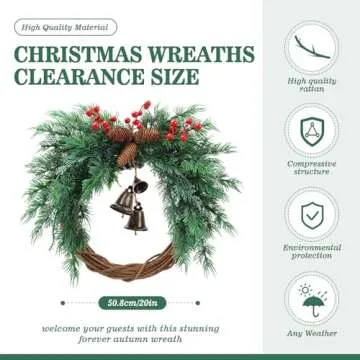 Temfmy Christmas Wreath with Boho Bells - 20 Inch Farmhouse Christmas Artificial Pine Wreaths for Front Door - Winter Rattan Door Wreath with Pine Cone for Christmas Decor