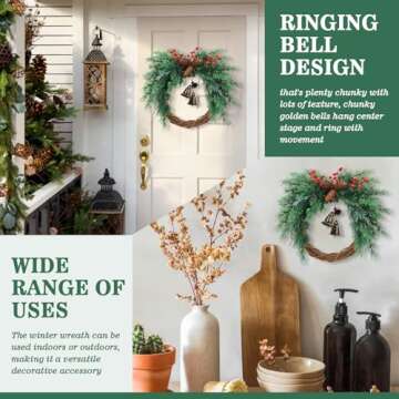 Temfmy Christmas Wreath with Boho Bells - 20 Inch Farmhouse Christmas Artificial Pine Wreaths for Front Door - Winter Rattan Door Wreath with Pine Cone for Christmas Decor