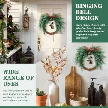 Temfmy Christmas Wreath with Boho Bells - 20 Inch Farmhouse Christmas Artificial Pine Wreaths for Front Door - Winter Rattan Door Wreath with Pine Cone for Christmas Decor