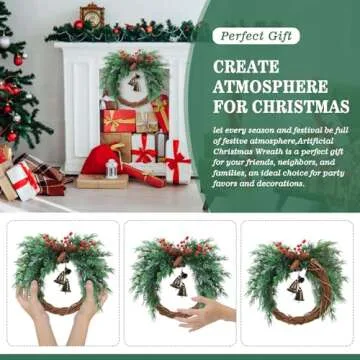 Temfmy Christmas Wreath with Boho Bells - 20 Inch Farmhouse Christmas Artificial Pine Wreaths for Front Door - Winter Rattan Door Wreath with Pine Cone for Christmas Decor