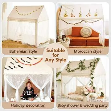 HAN-MM Kids Play Tent Large Playhouse with Mat/Star Light/Star Garland/Tassel Macrame Boho Style Indoor&Outdoor Play Tent for Kids, Neutral Color, 52x35x52, Lace Tassel