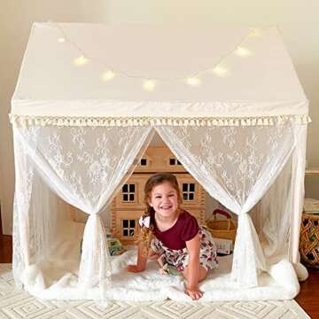 HAN-MM Kids Play Tent Large Playhouse with Mat/Star Light/Star Garland/Tassel Macrame Boho Style Indoor&Outdoor Play Tent for Kids, Neutral Color, 52x35x52, Lace Tassel