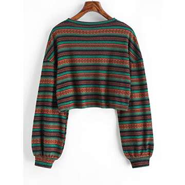 ZAFUL Women's Tribal Ethnic Graphic Cropped Knitwear Bohemian Long Sleeve Pullover Sweater Boho Drop Shoulder Knitted Top Multicolored