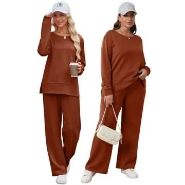 XIEERDUO Women's 2 Piece Sets Long Sleeve Tracksuit Two Piece Lounge Set Wide Leg Loungewear Halloween Outfits for Women Casual Fall Caramel L