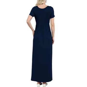 EUOVMY Casual Dresses for Women Loose Plain Wedding Guest Bridesmaid A-line Short Sleeve Sundress Party Church Vintage Spring Summer Beach Vacation Casual Long Dress with Pockets Navy Blue Small