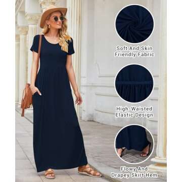 EUOVMY Casual Dresses for Women Loose Plain Wedding Guest Bridesmaid A-line Short Sleeve Sundress Party Church Vintage Spring Summer Beach Vacation Casual Long Dress with Pockets Navy Blue Small