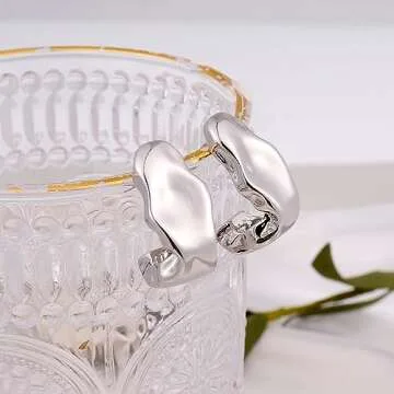 Chunky Silver Statement Geometric Earrings For Women Trendy Chrome Minimalist Hammered Stud Irregular Hoop Earrings For Women Jewelry Gift