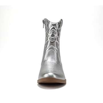 SODA RENO-2 Kids/Girls/Children Western Cowboy Stitched Pointe Toe Low Heel Ankle Mid Shaft Fashion Boots,Silver 2