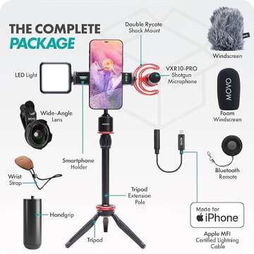 Movo iVlog1 Vlogging Kit for iPhone - Lightning Compatible YouTube Starter Kit - with Shotgun Microphone, Mini Tripod, LED Light, Wide-Angle Lens, Lightning Adapter Vlog Kit - iPhone Vlogging Kit