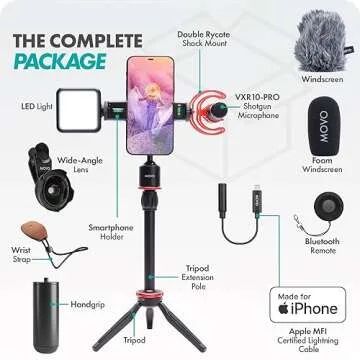 Movo iVlog1 Vlogging Kit for iPhone - Lightning Compatible YouTube Starter Kit - with Shotgun Microphone, Mini Tripod, LED Light, Wide-Angle Lens, Lightning Adapter Vlog Kit - iPhone Vlogging Kit