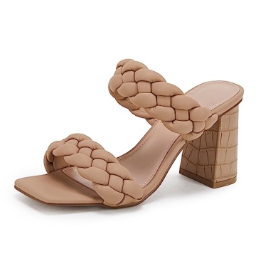 Syktkmx Women's Braided Heeled Sandals Backless Square Open Toe Block Slide Sandals, Khaki, Size 11