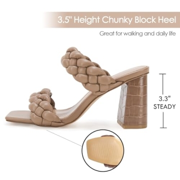 Syktkmx Women's Braided Heeled Sandals Backless Square Open Toe Block Slide Sandals, Khaki, Size 11