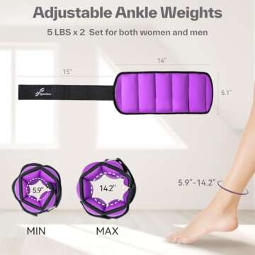 Sportneer Adjustable Ankle Weights for Women and Men：1 Pair 1 2 3 4 6 7 8 10 lbs Upgraded Easily Adjustable Leg Weight, Weighted Wrist Weight Strap for Gym, Fitness, Workout, Walking, Dancing (Purple, 5 lbs x 2)