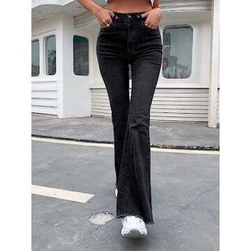 Floerns Women's High Waisted Flare Jeans Frayed Raw Hem Bell Bottom Denim Pants