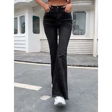 Floerns Women's High Waisted Flare Jeans Frayed Raw Hem Bell Bottom Denim Pants