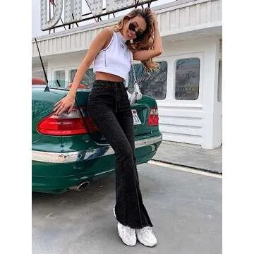 Floerns Women's High Waisted Flare Jeans Frayed Raw Hem Bell Bottom Denim Pants