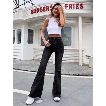 Floerns Women's High Waisted Flare Jeans Frayed Raw Hem Bell Bottom Denim Pants