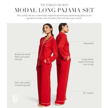 Victoria's Secret Modal Pajama Set, Long Sleeve Shirt and Pajama Pant Set, Sleepwear for Women, Lipstick (XS)