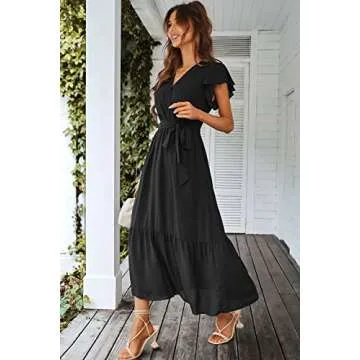 PRETTYGARDEN Women's 2024 Floral Boho Dress Wrap V Neck Short Sleeve Belted Ruffle Hem A-Line Flowy Maxi Dresses (Solid Black,Large)