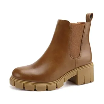starmerx Women Platform Ankle Boots Elastic Chelsea Boots Mid Heel Slip on Booties (11,Brown)