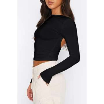 ForeFair Women Sexy Long Sleeve Backless Going Out Top - Stylish Casual Y2K Tshirt (Black, M)